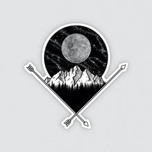Load image into Gallery viewer, black and white illustrated full moon and mountain vinyl sticker