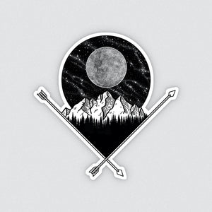 black and white illustrated full moon and mountain vinyl sticker
