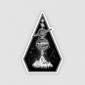 vinyl laptop sticker of planets and a mountain