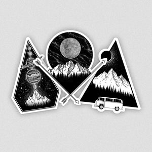 set of three laptop vinyl stickers with mountain illustrations