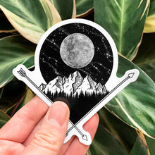 Load image into Gallery viewer, black and white macbook sticker of a full moon above a mountain illustration