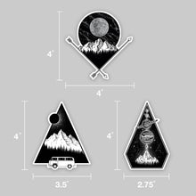 Load image into Gallery viewer, set of three north west coast vinyl stickers and measurements